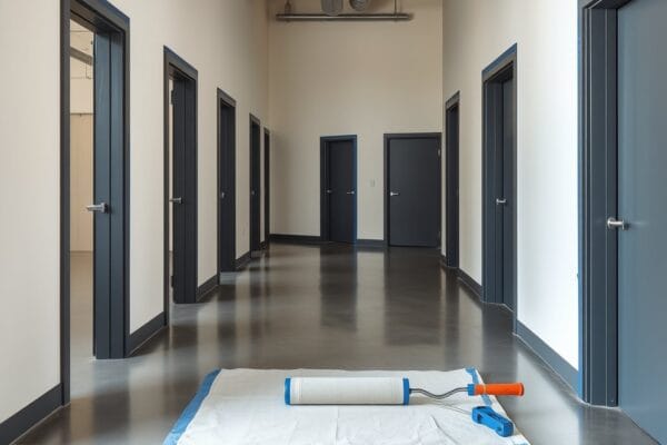 A commercial corridor with dark gray steel door frames and flush doors and a roller on a drop cloth