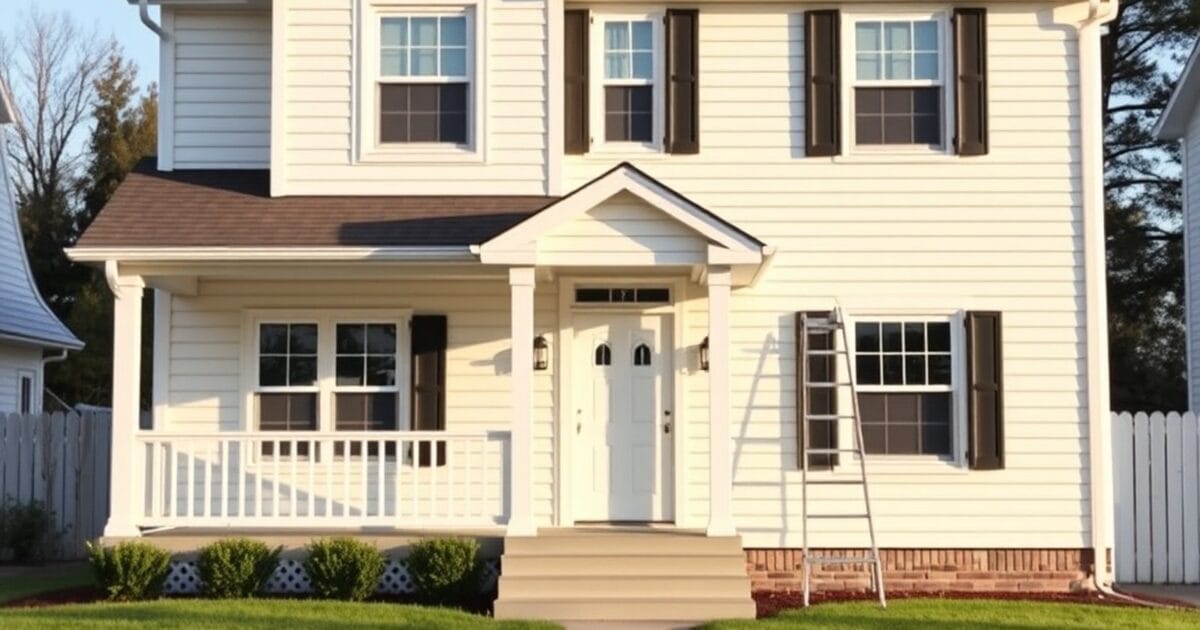 A freshly painted two story suburban house with a ladder standing against the front