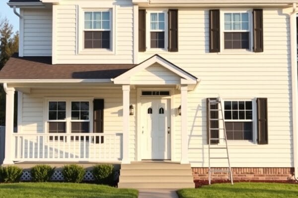 A freshly painted two story suburban house with a ladder standing against the front