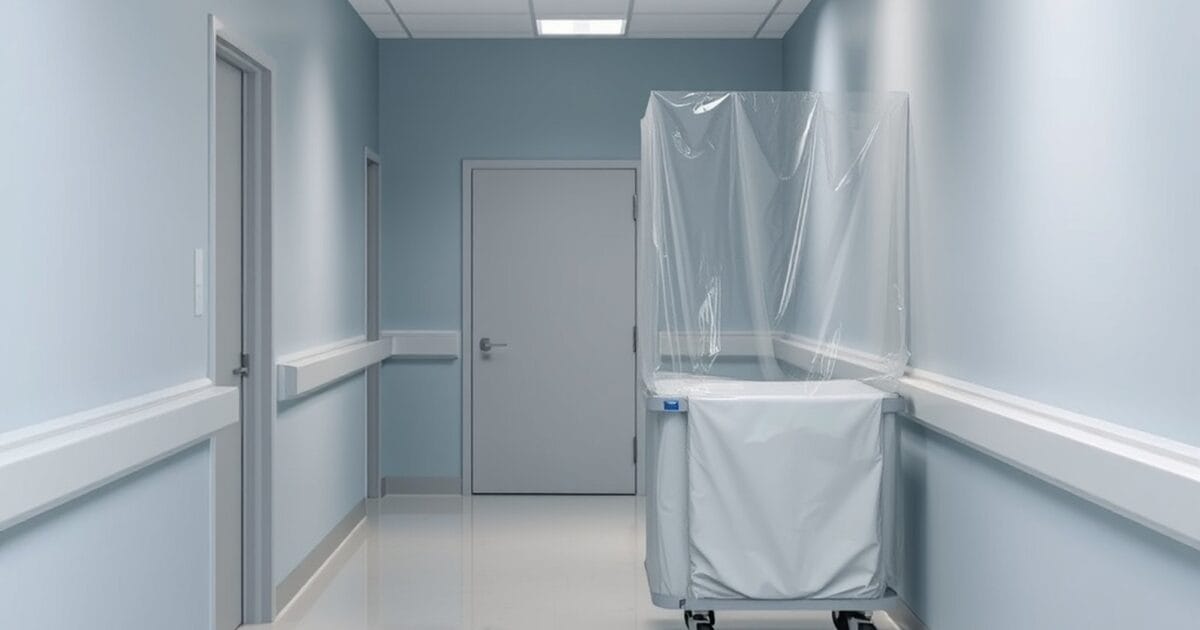 A quiet clinic corridor with blue gray walls and a wheeled cart wrapped in clear plastic sheeting