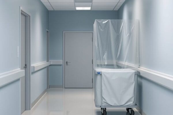 A quiet clinic corridor with blue gray walls and a wheeled cart wrapped in clear plastic sheeting