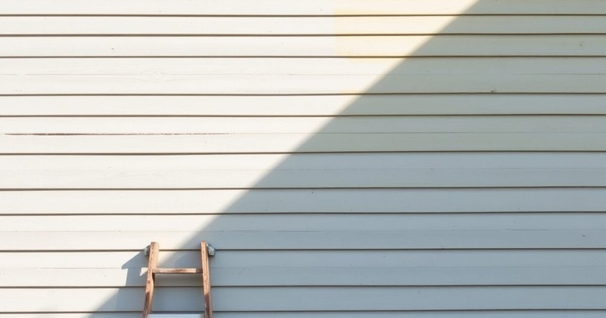 Horizontal wood siding in sunlight and shadow with a wooden ladder leaning against it