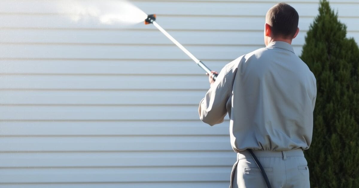 A person in gray work clothes washing pale horizontal siding with a long spray wand