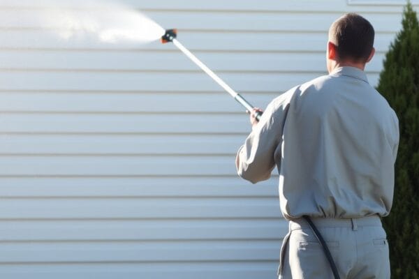 A person in gray work clothes washing pale horizontal siding with a long spray wand