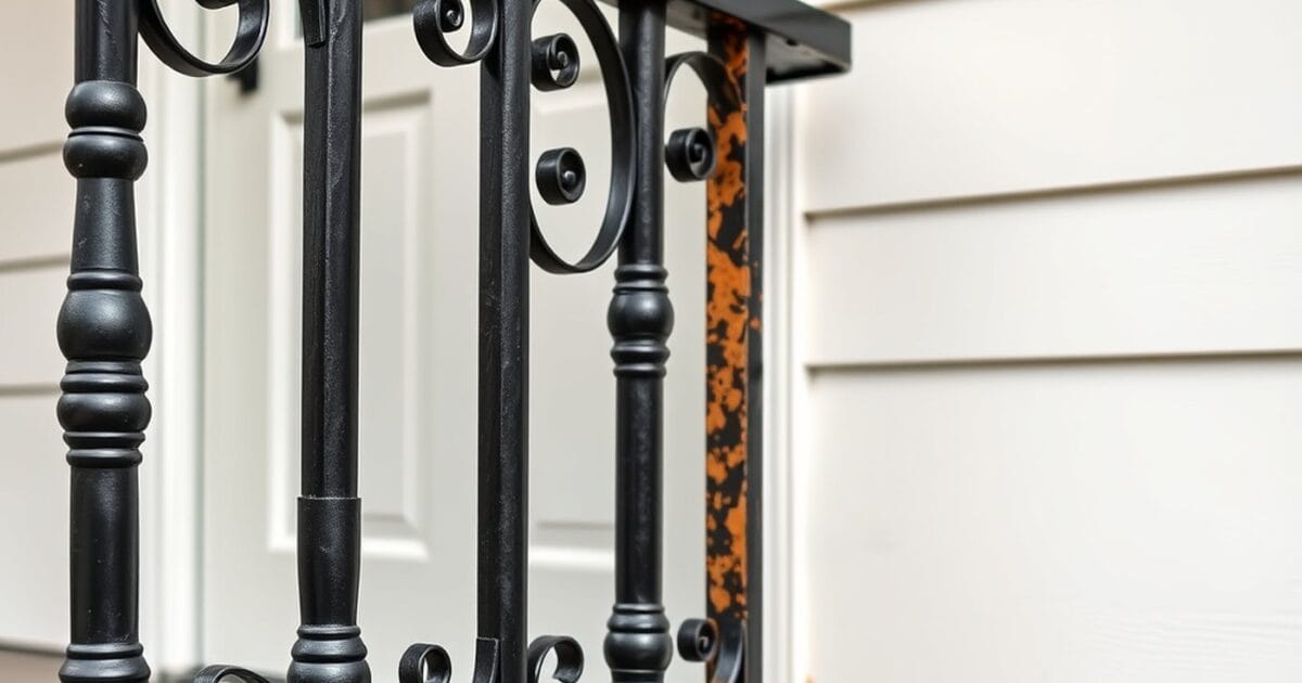 A black decorative iron porch railing with one rusted post beside white siding