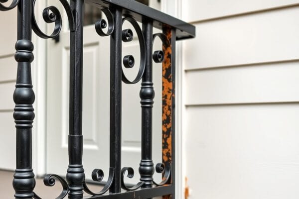 A black decorative iron porch railing with one rusted post beside white siding
