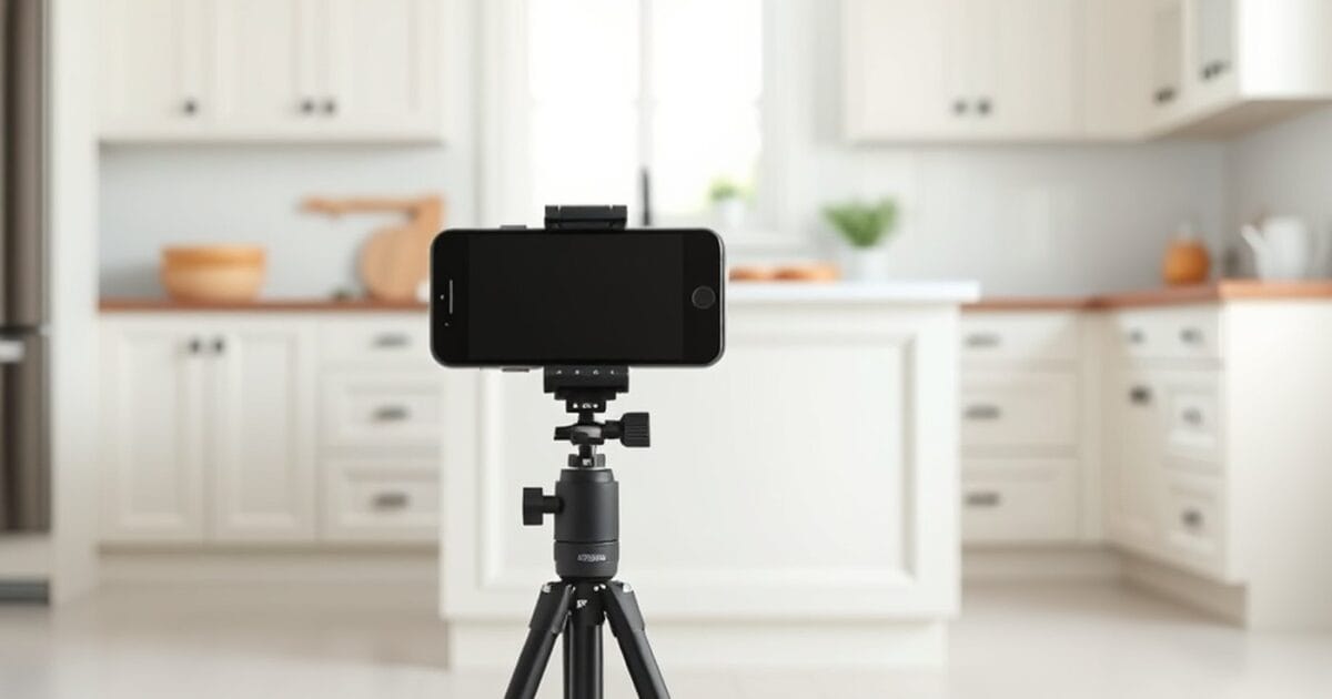 A small phone tripod standing on the floor of a bright white kitchen with a pale island