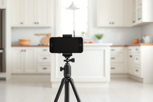 A small phone tripod standing on the floor of a bright white kitchen with a pale island