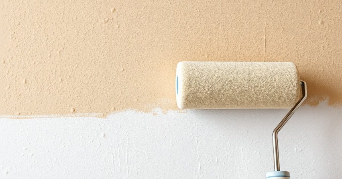 A knockdown textured wall half rolled in warm beige with a thick nap roller