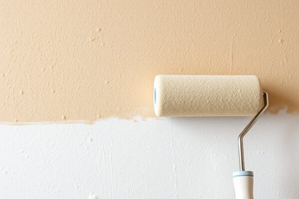 A knockdown textured wall half rolled in warm beige with a thick nap roller