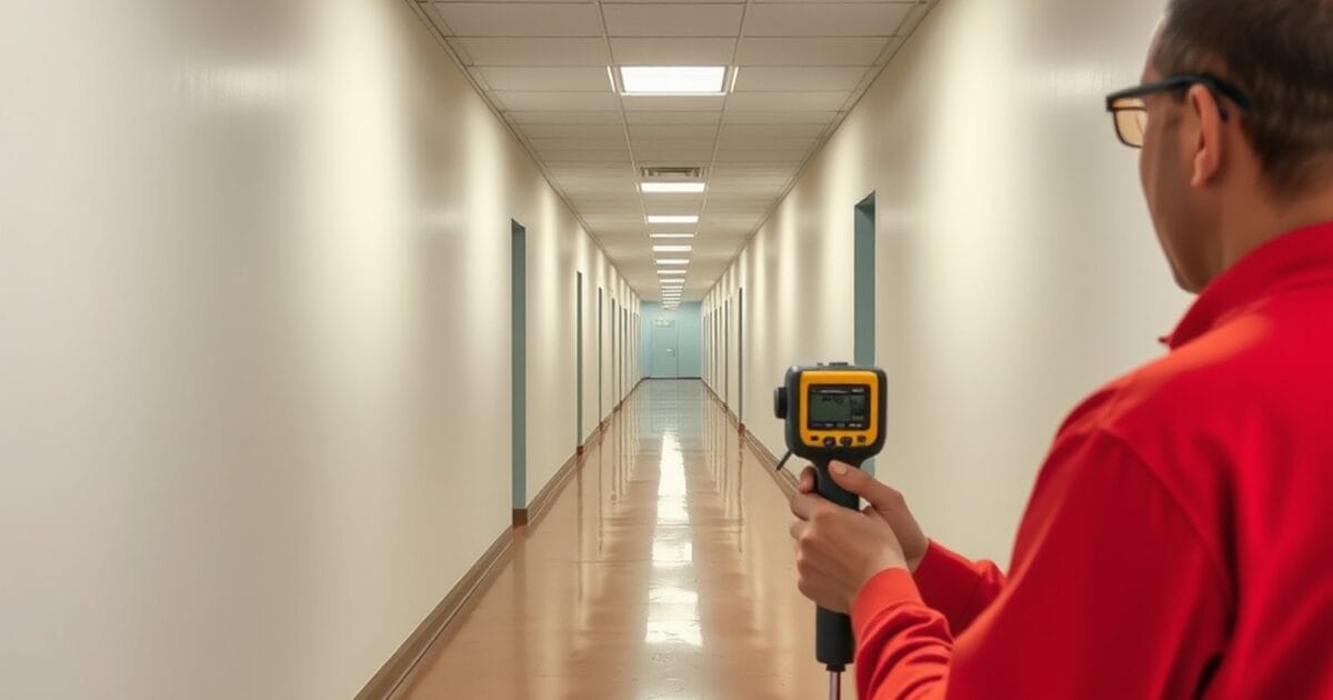 A person using a laser measure along a long empty commercial corridor