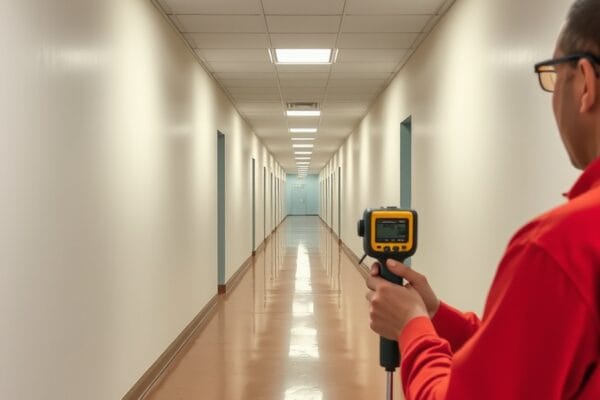 A person using a laser measure along a long empty commercial corridor
