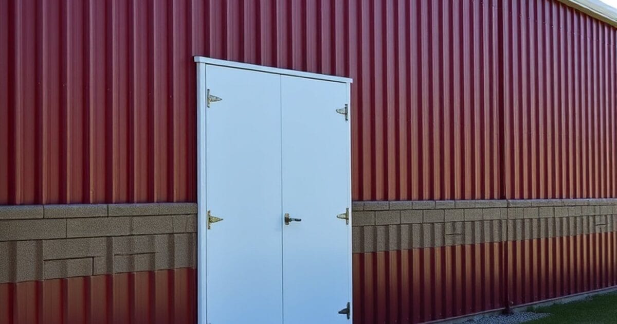 A steel building with red ribbed wall panels, white trim and a white double walk door