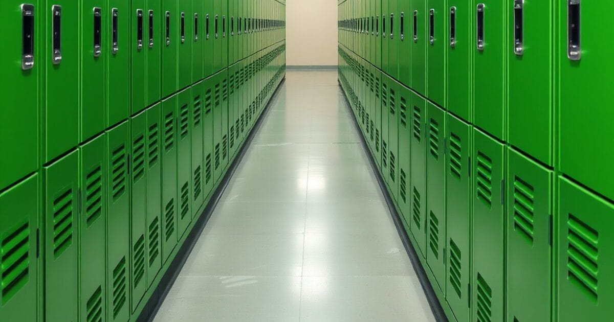 Rows of bright green vented steel lockers lining both sides of a school hallway