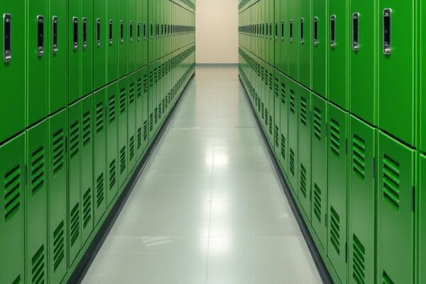 Rows of bright green vented steel lockers lining both sides of a school hallway