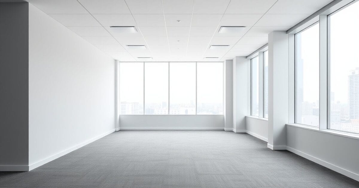 A modern empty open plan office with plain neutral walls and large windows