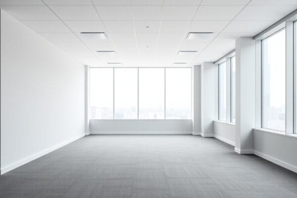A modern empty open plan office with plain neutral walls and large windows