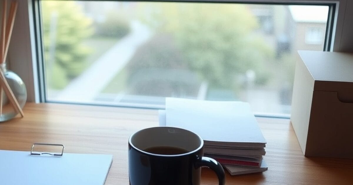 A blank paper notepad and a pen beside a dark coffee mug on a wooden desk by a window