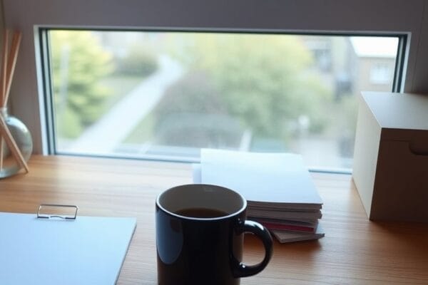 A blank paper notepad and a pen beside a dark coffee mug on a wooden desk by a window