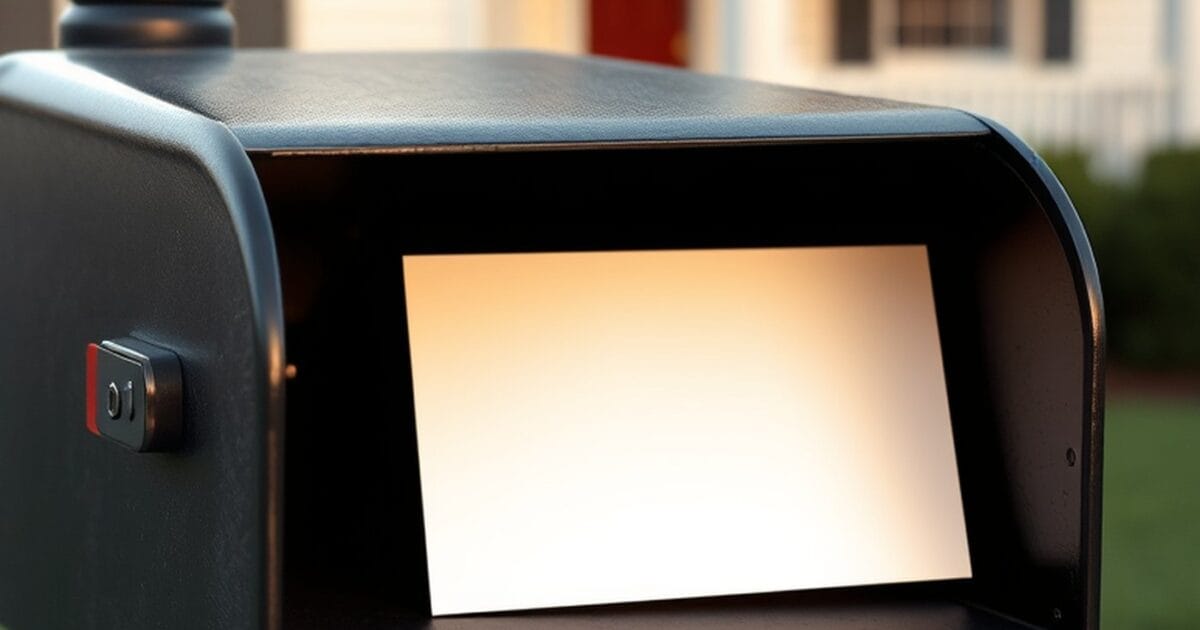 An open black curbside mailbox with a single blank cream card resting inside it