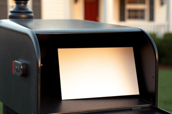 An open black curbside mailbox with a single blank cream card resting inside it