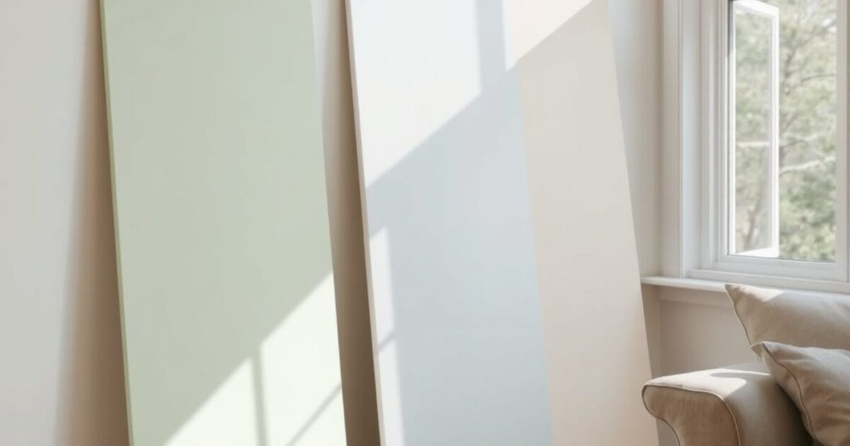 Large painted sample boards in soft green and white leaning against a sunny living room wall