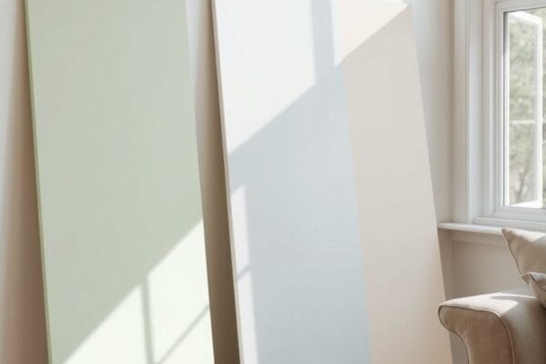 Large painted sample boards in soft green and white leaning against a sunny living room wall
