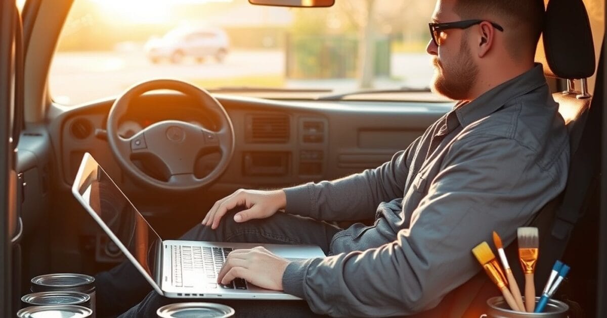 A painter working on a laptop in the front of a work van