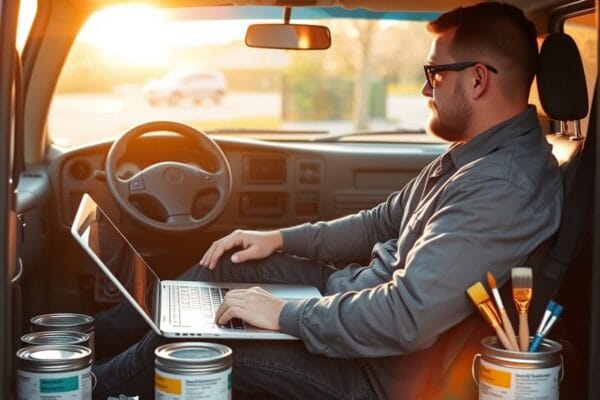 A painter working on a laptop in the front of a work van