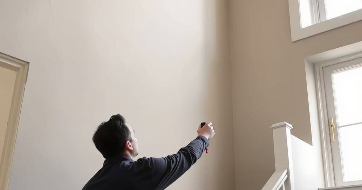 A painter using a laser measure on the tall wall of a residential stairwell