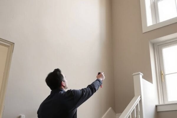 A painter using a laser measure on the tall wall of a residential stairwell