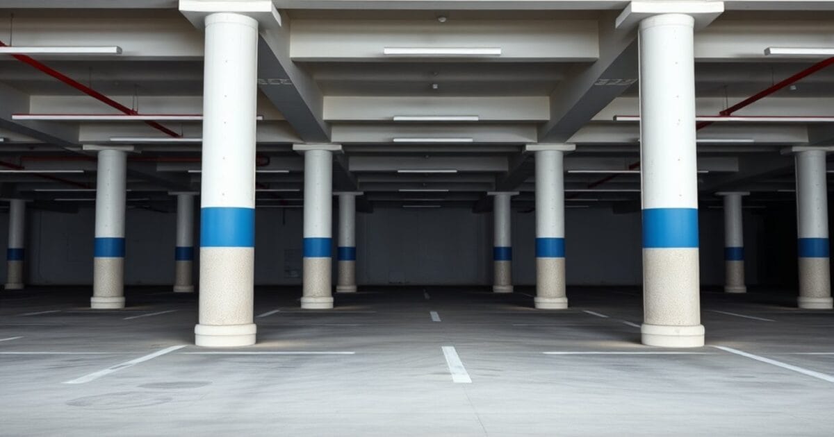 An empty parking garage level with white painted ceiling beams and columns with a blue band