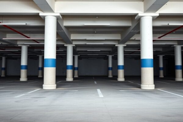 An empty parking garage level with white painted ceiling beams and columns with a blue band