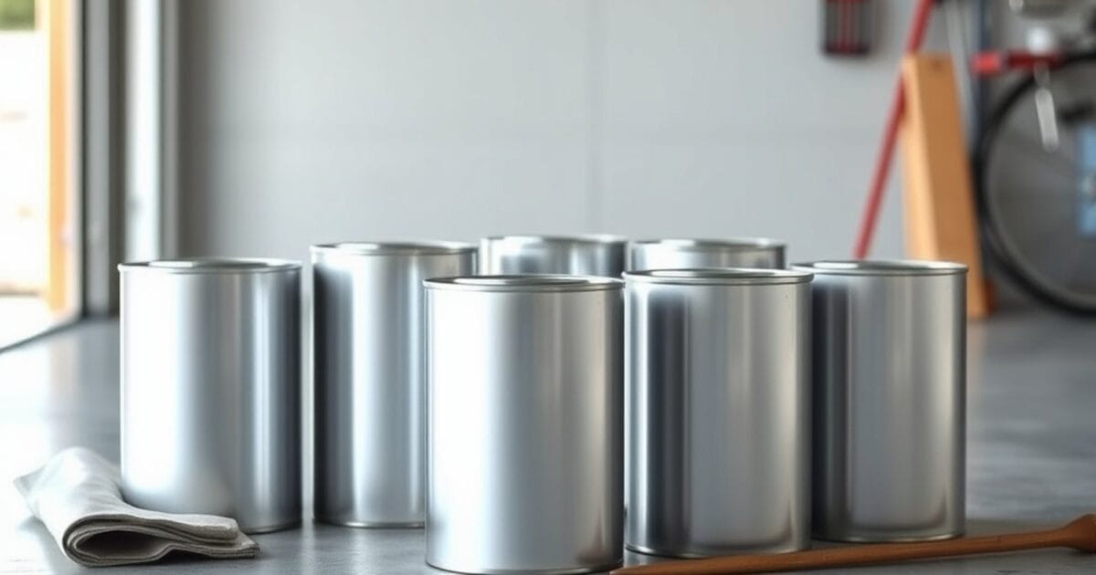 Plain unlabeled metal paint cans on a concrete garage floor