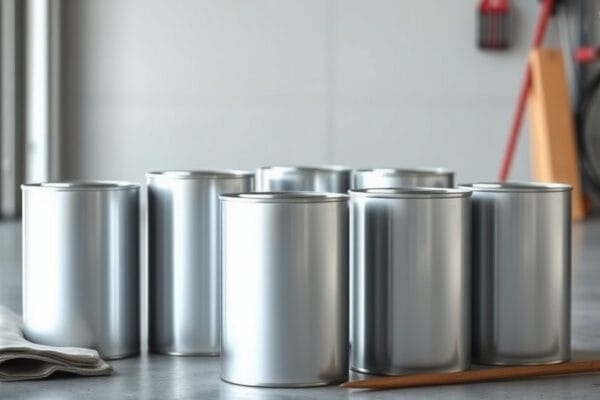 Plain unlabeled metal paint cans on a concrete garage floor