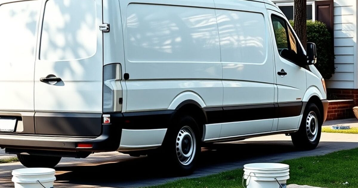 A plain white work van with roof ladders parked on a driveway beside buckets and a drop cloth