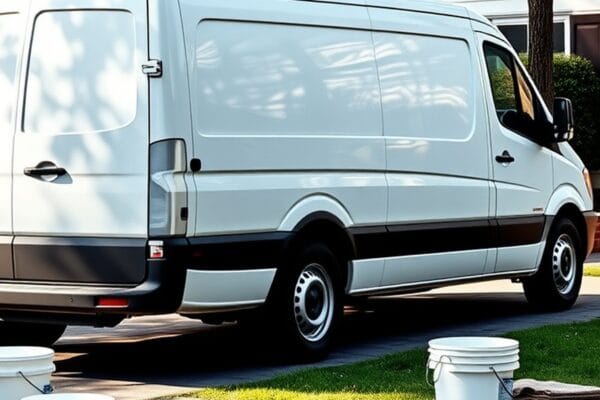 A plain white work van with roof ladders parked on a driveway beside buckets and a drop cloth