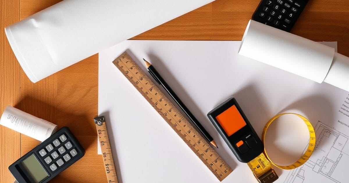 Flat lay of rolled construction drawings, a scale ruler, a calculator and a tape measure