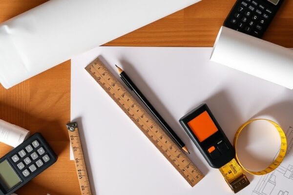 Flat lay of rolled construction drawings, a scale ruler, a calculator and a tape measure
