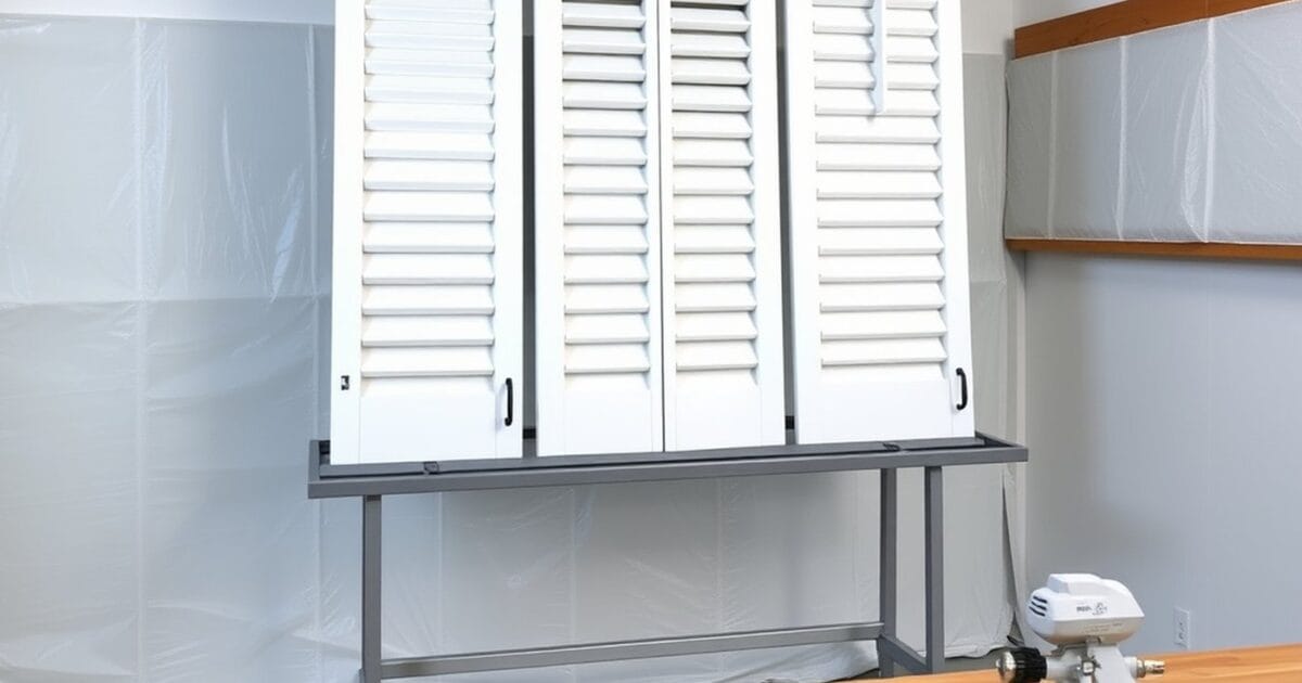 White plantation shutter panels drying on a rack in a workshop lined with plastic sheeting