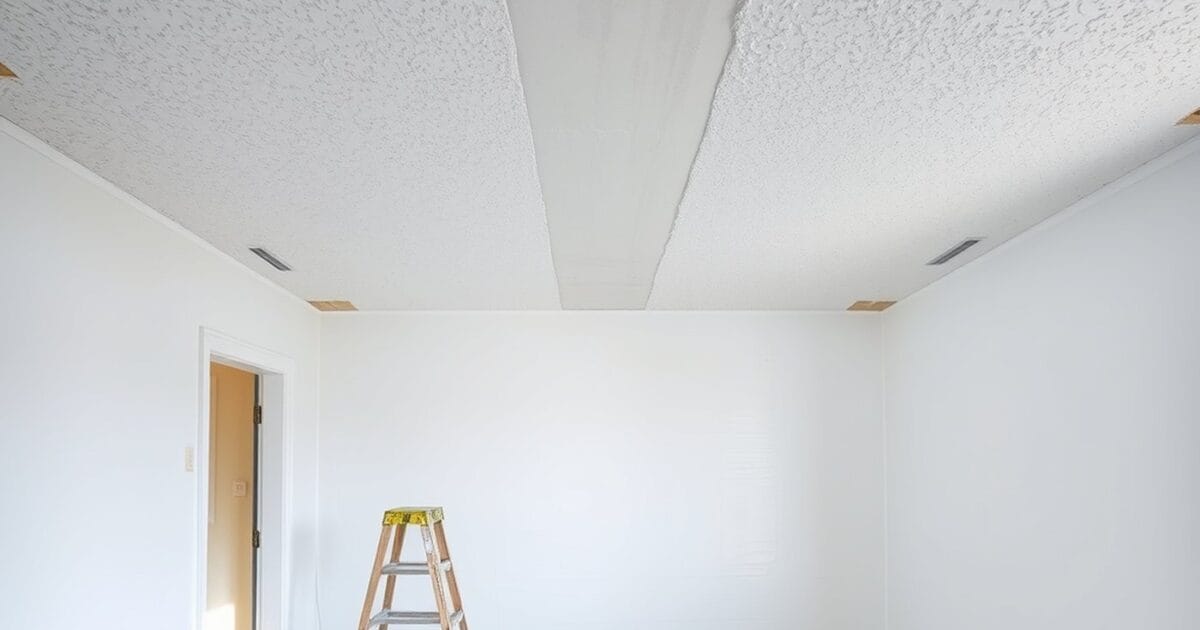 A textured ceiling with a smooth strip scraped away above an empty room with a wooden stepladder