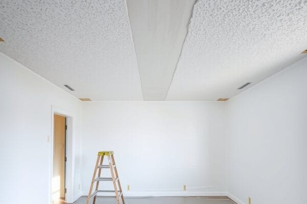 A textured ceiling with a smooth strip scraped away above an empty room with a wooden stepladder