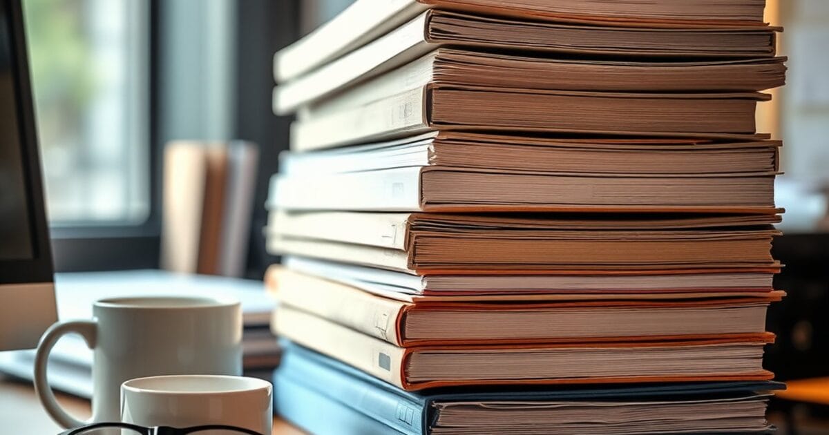 A stack of ring binders and document folders on the corner of an office desk