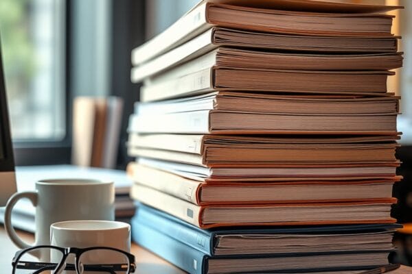 A stack of ring binders and document folders on the corner of an office desk