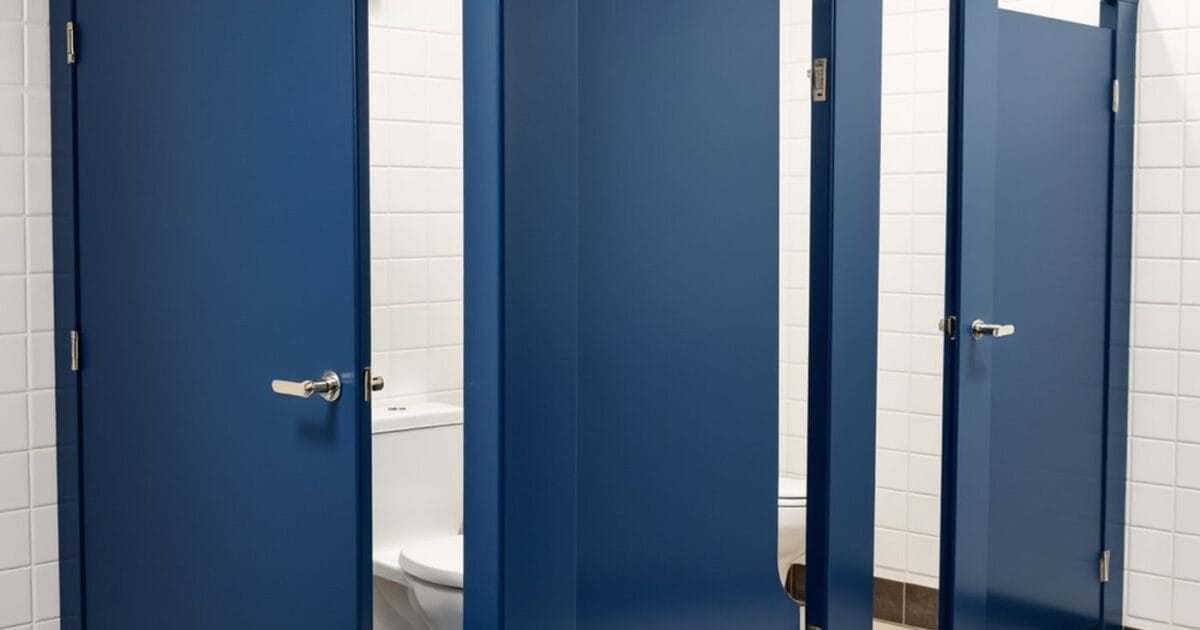 Steel toilet partitions painted navy blue in a white tiled restroom with a drop cloth on the floor