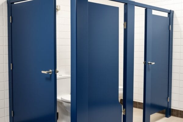 Steel toilet partitions painted navy blue in a white tiled restroom with a drop cloth on the floor