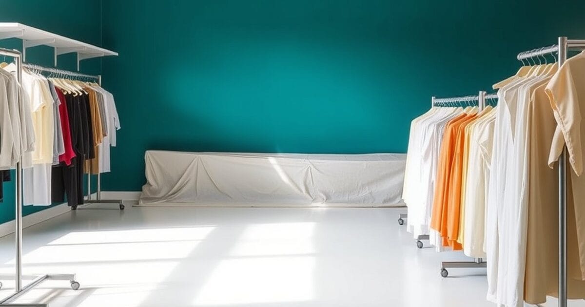 An empty clothing store with a deep teal wall, clothing rails and a drop cloth along the wall