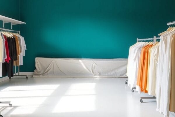 An empty clothing store with a deep teal wall, clothing rails and a drop cloth along the wall