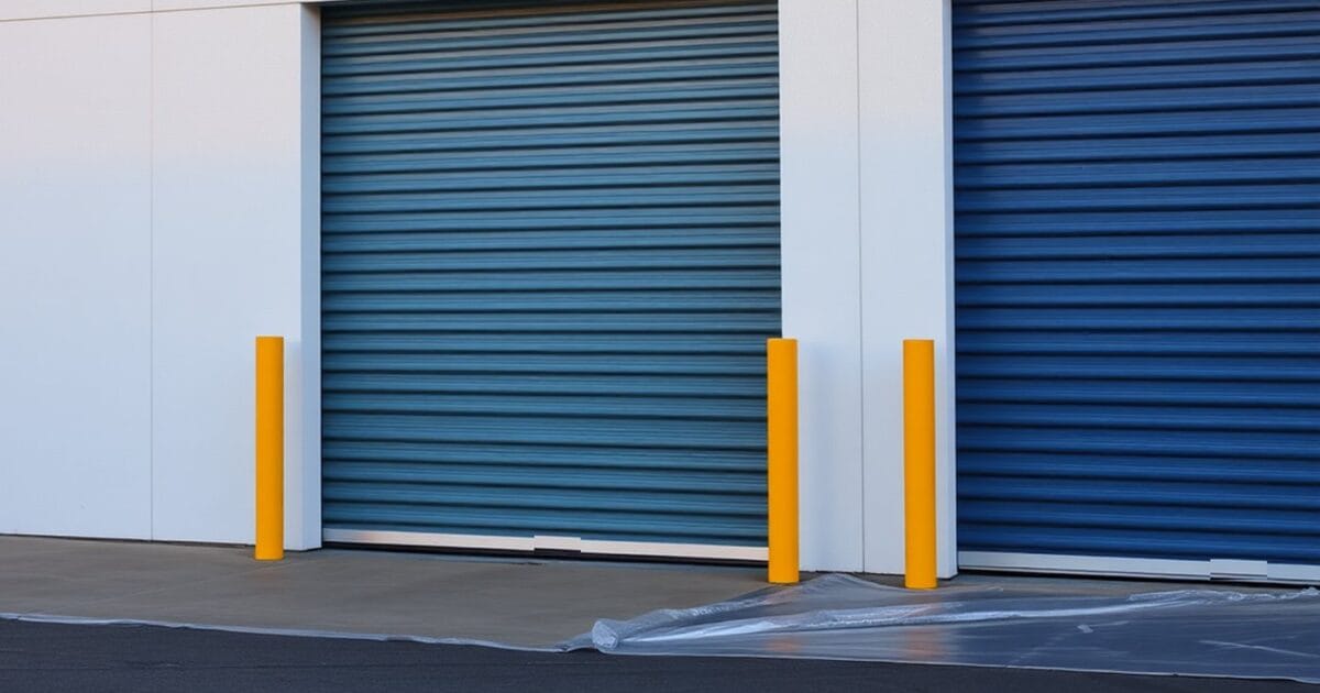 Steel roll up doors on a storage building, one freshly painted deep blue, with yellow bollards
