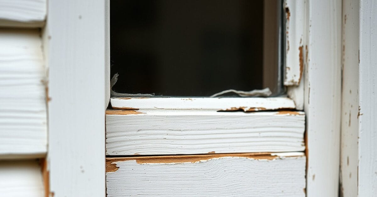Peeling white paint and exposed rotted wood on an old exterior window sill